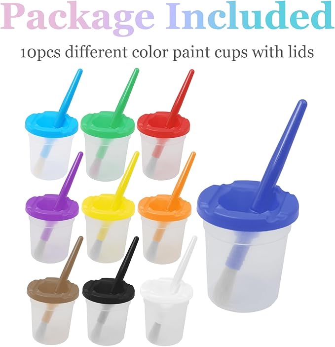 10pcs Paint Cups with Lids for Kids, Spill Proof Learning Color Cups for Young Artist