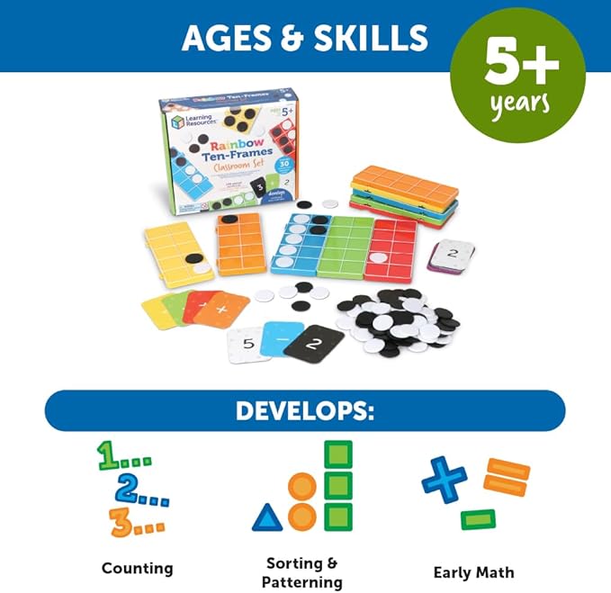 Learning Resources Rainbow Ten-Frames Classroom Set, 140 Pieces - Math Tools for Students Ages 5+, School Supplies and Teacher Resources, Classroom Supplies