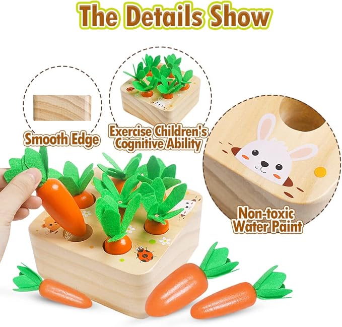 Skrtuan Montessori Toys for Babies 36 Months, Wooden Toys for 3 4 5 Year Old Toddlers, Educational Carrot Harvest Shape Sorting Matching Puzzle, Developmental Birthday Gifts for Boys and Girls
