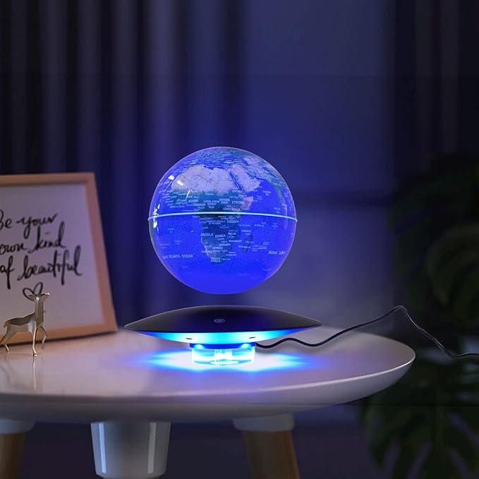 6" Magnetic Levitating Globe, 360°Rotating Geographic Globes Levitating Globes with LED Light Floating Magnetic Levitation Floating Globe for Desk Home Office Study Room(Dark Blue+Black/Style B)