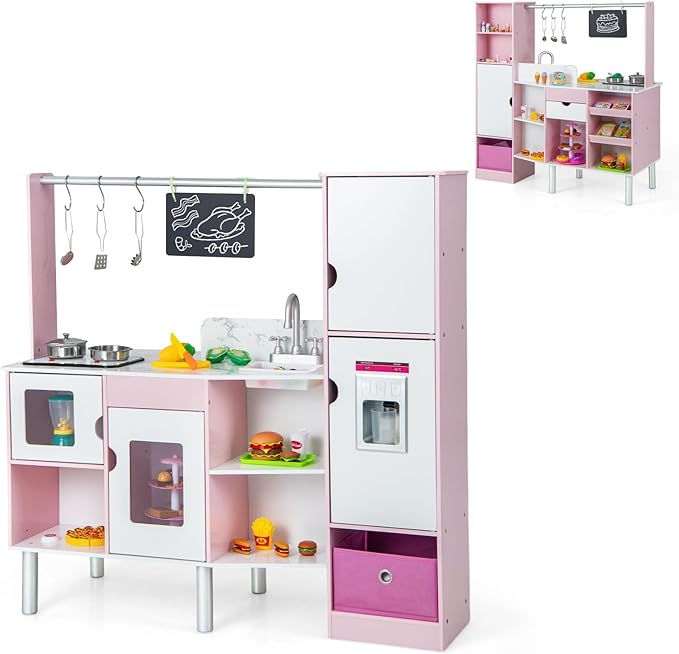 Costzon 2-in-1 Kids Kitchen Playset & Grocery Store, Double-Sided Pretend Play Kitchen with Light & Sound, Ice Maker, Sink & Faucet, 82 Accessories, Toddler Market Stand for Boys Girls Ages 3+