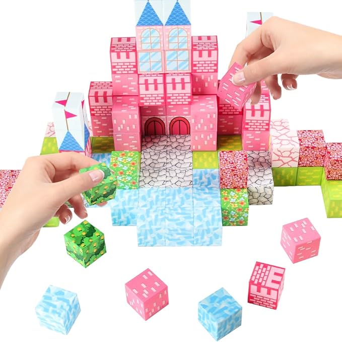 128PCS Magnetic Blocks Building Toys - 1" Magnet Cubes Tiles for Girls, Magnetic Tiles Building Blocks, Stacking Magnets Sensory STEM Toys Cultivate Innovation, Build Princess Castle Birthday Gift