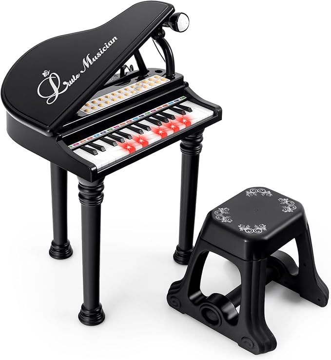Costzon Kids Piano, 31 Key Mini Grand Piano Toy Keyboard with Microphone, Stool & Lights, Portable Electronic Piano Educational Musical Instrument Toy, Birthday Gift for Toddler Boys Girls (Black)