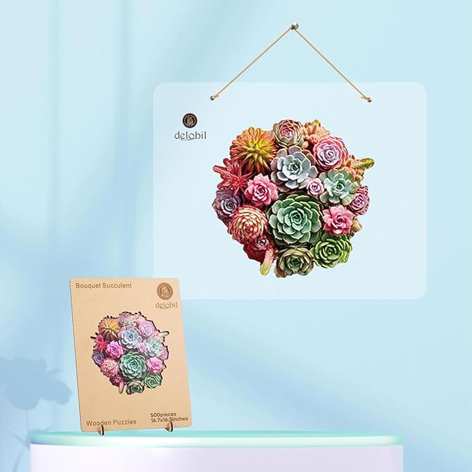 delobil Succulent Bouquet Wooden Puzzles for Adults, 500 Pieces Mandala Round Jigsaw Puzzles, Royal Size Unique Shaped Liberty Wood Puzzle Gift for Kids, Family Game 16.7'' x 16.3''