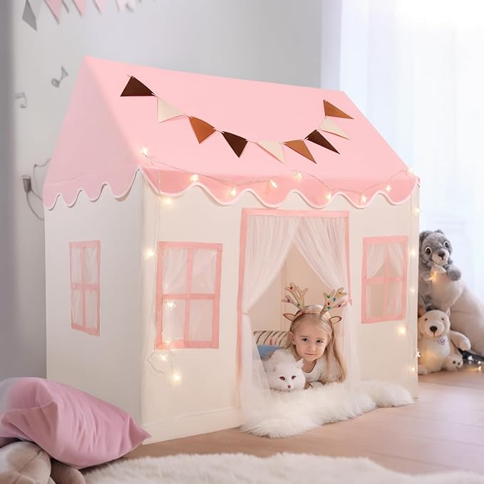 Kids Play Tent with Non-Slip Mat, Star String, Decorating Flag, Machine Washable Large Playhouse, Indoor and Outdoor Play Tent for Kids, Pink, 47" x 40" x 52"