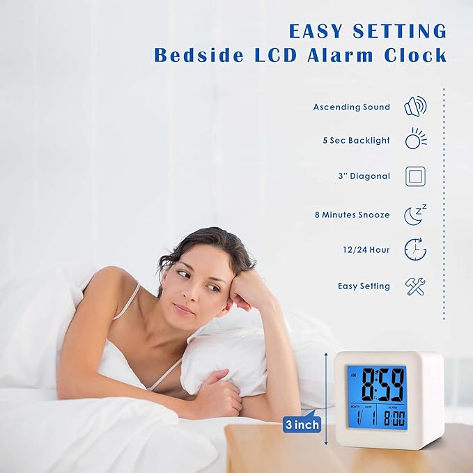 Plumeet Easy to Set Digital Travel Alarm Clock, Snooze Function, Soft Night Light, Large Screen time and Month and Date Display and Alarm, Progressive Sound Alarm and Handy Size (White)