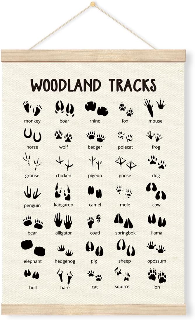 Geondos Woodland Tracks Wall Poster, Canvas Hanging Banner, Animal Tracks Field Guide Sign, Forest Nursery Decor, Wall Door Decoration for Kids Room,Classroom, Playroom Cabin