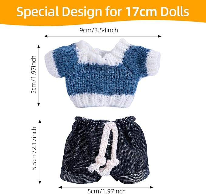 17cm Doll Clothes Set, Premium Jeans & Knitted Sweater Outfit for 17cm 15cm Dolls, Cute Dress Up Fashion, No Doll Included (F, 17cm/15cm)