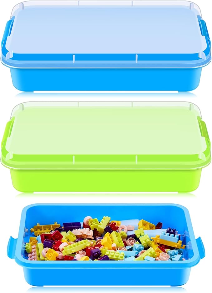 2 Pcs Sensory Bins Sand Tray with Lid, 15in Stackable Leak-Proof Plastic Sensory Tray for Sand & Water Play, Portable Bin for Kids 3 4 5 6, Easy Clean, Indoor Outdoor(Blue, Green)