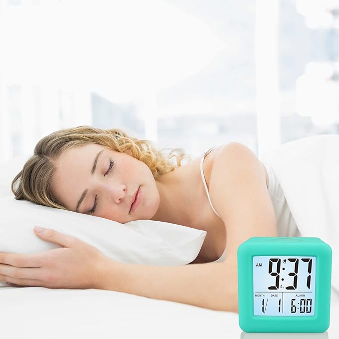 Plumeet Digital Alarm Clock Kids Clock with Snooze and White Nightlight - Easy Setting Travel Alarm Clocks Display Time, Date, Alarm - Ascending Sound - Battery Powered (Cyan)