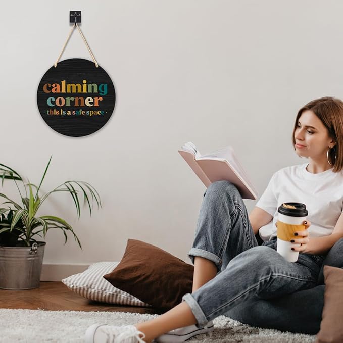 Calming Corner Hanging Wood Sign Plaque - Safe Space, Classroom Decor, School Counselor Office, Calm Down Corner Decorations, Boho Decor, 10x8 Round Black