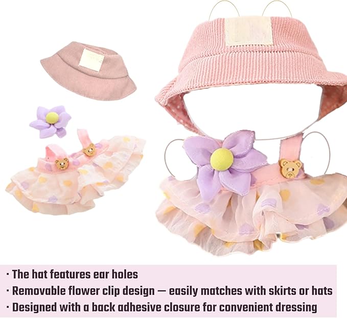 Clothes for 17cm Doll (Clothes Only) – 3-Piece Outfit Set with Hat, Pink Dress and Flower Accessory for an Adorable Dressed-Up Look – 17cm Doll Accessories