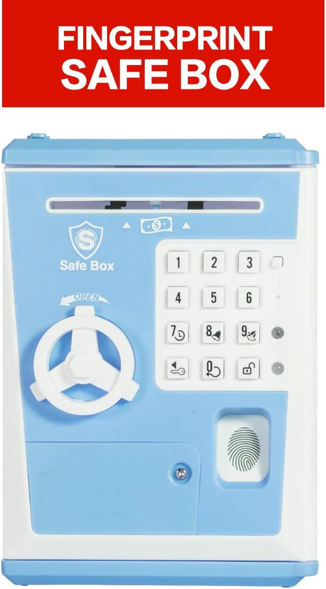 Toy Safe Box, Electronic ATM Piggy Bank, Money Coin Savings Bank, Finger Print Scanner Lock, Great Gift for Children Kids (Blue/White)