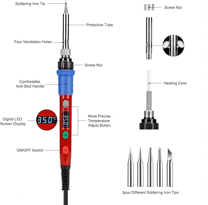 Soldering Iron Kit, 90W 110V LED Digital Soldering Iron with Ceramic Heater, Adjustable Temperature Soldering Welding Iron Kit, Auto-sleep, Thermostatic Design