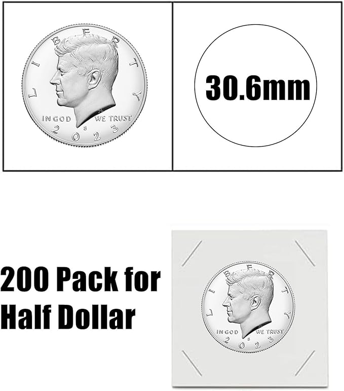 MUDOR Upgraded Premium Coin Flips for Half Dollars, 200 Pack Cardboard Coin Holder, Mylar Coin Flips 2x2, Paper Coin Holders