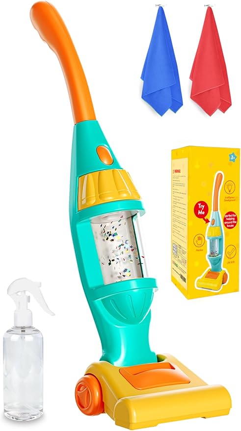 Toddler Vacuum Toy That Works with Lights & Sounds, Pretend Play Toy Vacuum for Toddlers 3-5 Years Old, Baby Vacuum for Boys Girls, Kids Vacuum Cleaner Cleaning Toys with Spray Bottle, 2 Towels