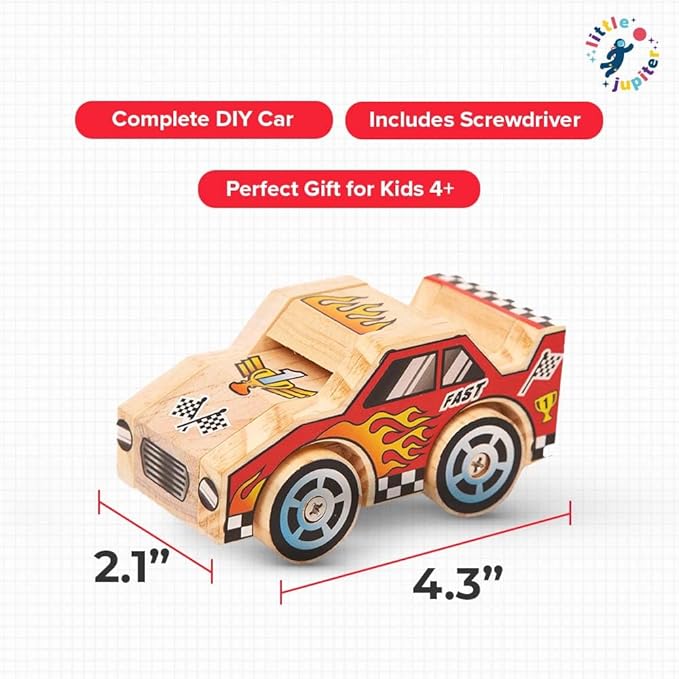 Little Jupiter DIY Wooden Kits w/Stickers - Building Kit - Stem Building Toys - Wood Crafts - Woodworking Kit - Wood Building for Ages 4-7 Yrs (Race Car)