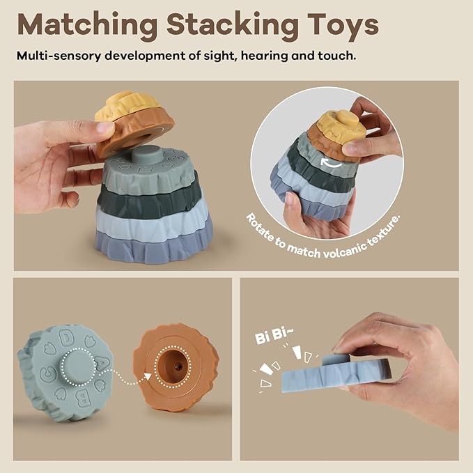 Stacking & Nesting Baby Teething Toy, 7 Pcs Soft Building Rings Stacker Toys with Dinosaur Figure, Newborn Essentials Sensory Learning Toys for 6+ Months Infant Toddler Boys Girls