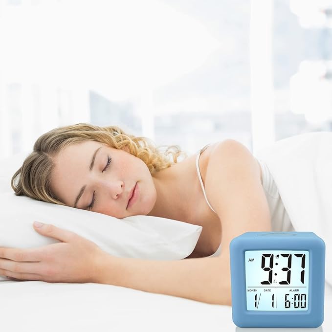 Plumeet Digital Alarm Clock Kids Clock with Snooze and White Nightlight - Easy Setting Travel Alarm Clocks Display Time, Date, Alarm - Ascending Sound - Battery Powered (Baby Blue)