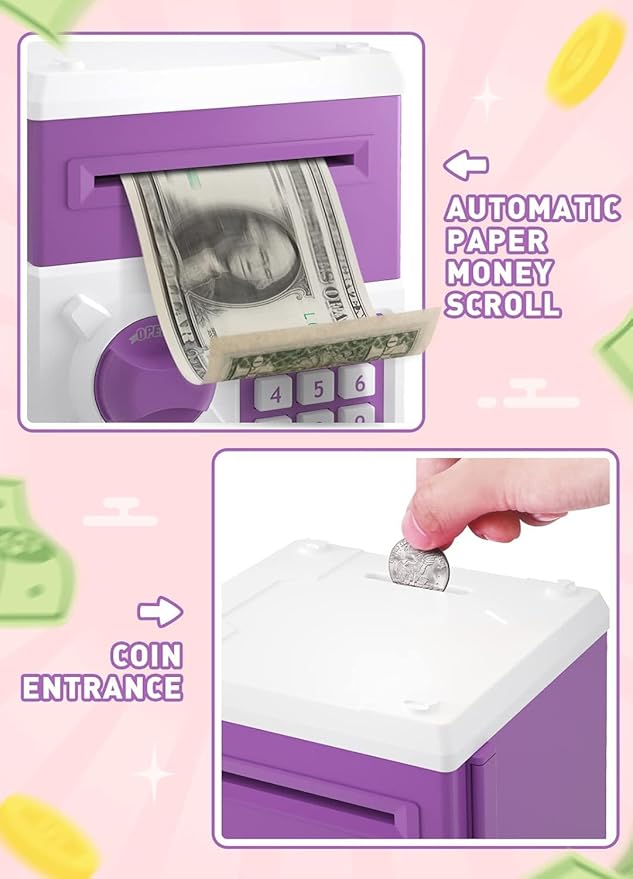 Piggy Bank for Girls Boys Large Electronic Money Coin Banks with Password Protection, Automatic Paper Money Scroll Saving Box, Great Gift for Kids (Purple-White)