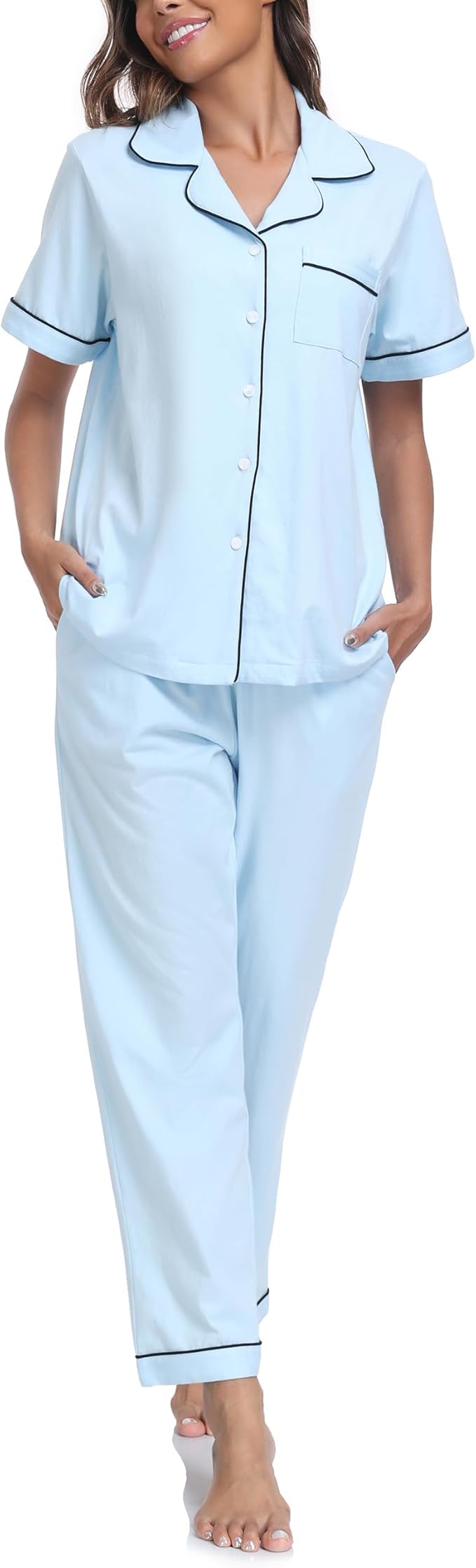 CF Womens 100% Cotton Pajamas Set Button Down Pjs Sets Short Sleeve Top & Long Pants Sleepwear Comfy Loungewear with Pockets