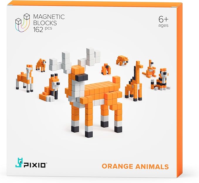 PIXIO Magnetic Cubes - Orange Animals - Building Toys in Pixel Art Style - Animal Figures - Arts and Crafts Kids Toys - Building Blocks - Learning Toys - 162 pcs