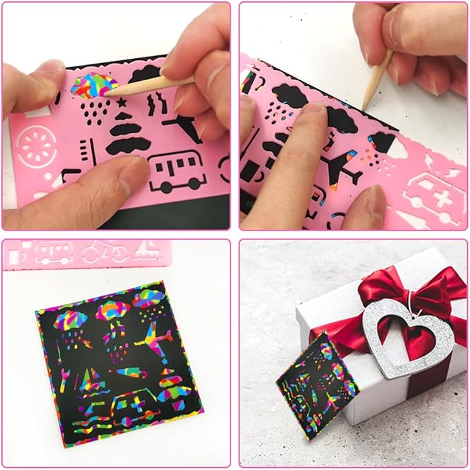 lyfLux 146 PCS Scratch Paper Art with Stencils, Rainbow Magic Scratch Paper Art Kit for Birthday Party, DIY Crafts