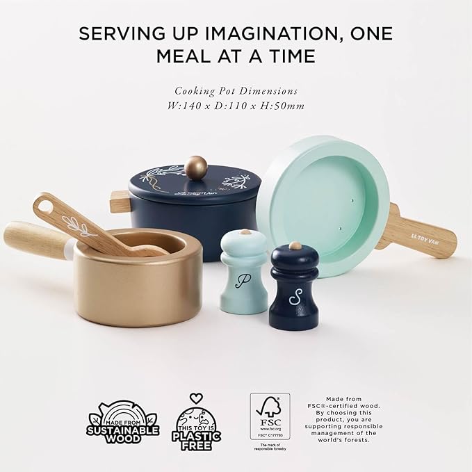 Le Toy Van - Educational Wooden Pretend Kitchen Honeybake Pots and Pans Cooking Set Play Toy | Kids Role Play Toy Kitchen Accessories (TV301)