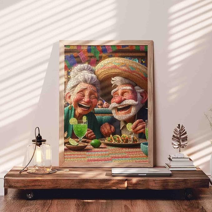 Laughing Old Couple Dining Fiesta 1000 Piece Jigsaw Puzzle for Adults and Students Fun Mexican Style Food Theme Colorful Cartoon Art Decor 20×27 Inches Relaxing Brain Challenge Gift