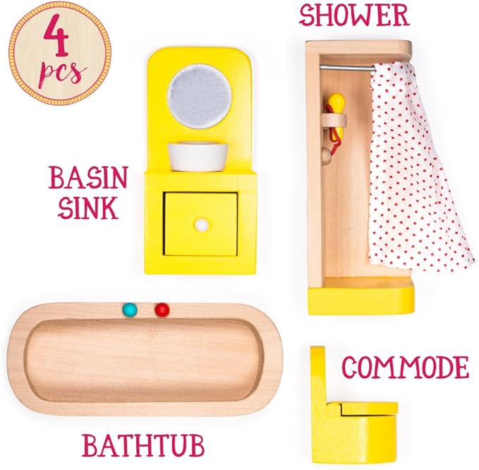 Wooden Dollhouse Furniture|Made of Safe Wood and Bright Water-Based Paint|Compatible with Most Doll Houses|Bathroom