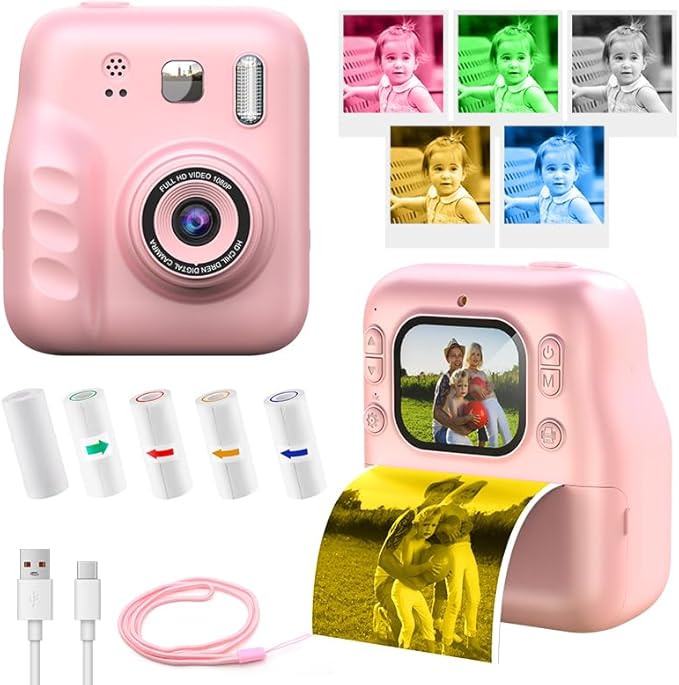 Kids Instant Print Camera, 1080P HD Kids Camera Instant Print, Includes 32GB SD Card, Adapter & 4 Zink Paper Rolls, Best Christmas or Birthday Gift for Girls Boys Age 3-12（Pink）