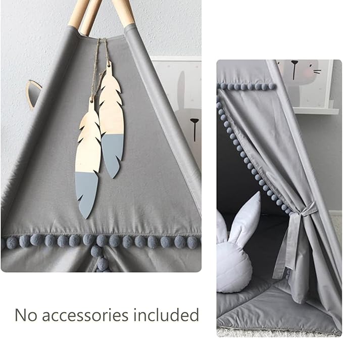 Kids Teepee Tent with White Pom Pom - Indoor Play Teepee for Children Boys Portable Play House (Grey)