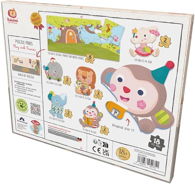 Bababoo & Friends Play with Friends Puzzle Pairs, 18 Matching Pieces for Toddlers 18+ Months, 17" x 8" Board, Develops Problem Solving, Motor Skills & Social Learning, Educational Toy for Early Play