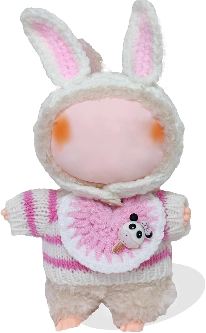 Clothes for Labubu 17cm Labubu Accessories Crochet 3 Piece Set Outfits for Labubu(Pink Rabbit)