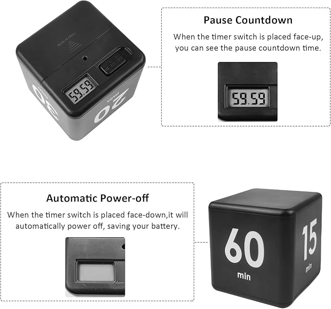 Feilifan Cube Timer - Kids ADHD Productivity Workout Flip Timer for StudyTime & Classroom - Countdown Management Settings 15, 20, 30, 60 Minutes, Black