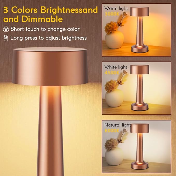 Portable LED Table Lamp, 3-Levels Brightness Metal Desk Lamp,3 Color Touch Control Rechargeable Lamp, Ideal Bedside lamp for Nightstand,Bedroom, Living Room（Rose Gold）