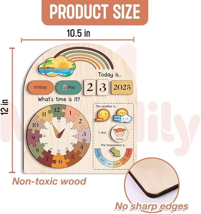 Interactive Calendar for Kids Ages 3+, Wooden Toddler Calendar, Teaching Seasons, Years, Months, Days of Week, Daily Activity Calendars for Kid Preschool & Homeschool (04 - Rainbow)