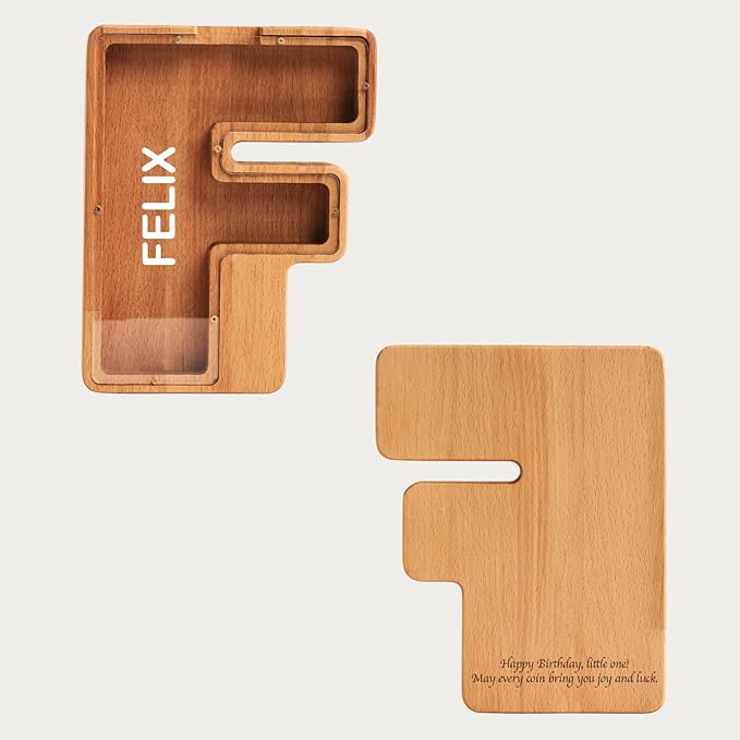 Personalized Wooden Piggy Bank – Custom Letter F Coin Bank in Beech Wood with Clear Acrylic Front, Engraved Name Option, Money Saving Box for Kids and Adults