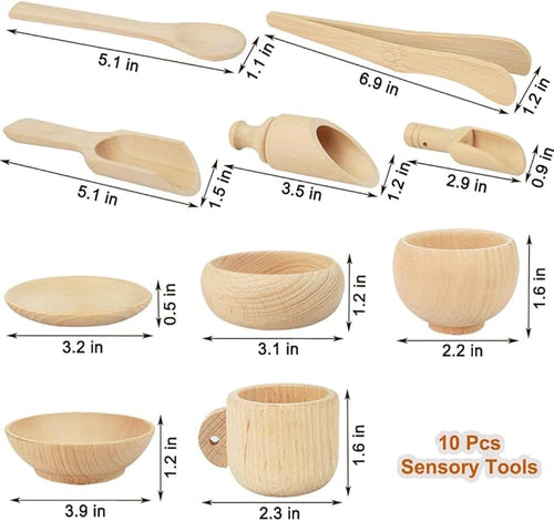 10 Pcs Wooden Sensory Bin Tools for Toddlers & Preschool Children, Montessori Sensory Wooden Toys Fine Motor Learning Pretend Play Sensory Tools for Kids