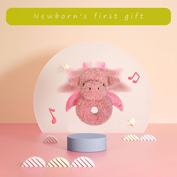 Baby Dragon Soft Rattle Toy, Plush Dinosaur Infant Shaker Rattle Easy-Grasp Stuffed Animal Toy, Gifts for Newborns Babies Toddlers Boys Girls, Pale Red, 6 Inches