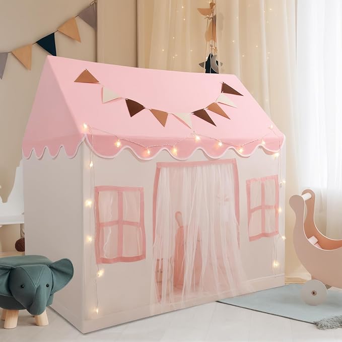 Kids Play Tent with Non-Slip Mat, Star String, Decorating Flag, Machine Washable Large Playhouse, Indoor and Outdoor Play Tent for Kids, Pink, 47" x 40" x 52"