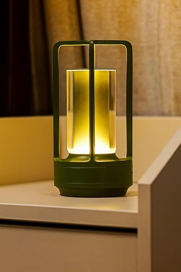 Klarako Crystal Lantern Lamp – Modern Cordless Rechargeable Bedside & Outdoor Light, Portable Wireless – Dimmable Touch Control – Luxury Living Room & Hotel-Style Lighting (Olive Green, 2-Pack)