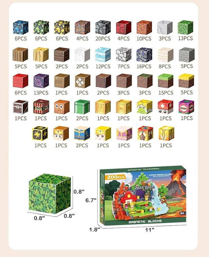 Magnetic Blocks, 200-Piece 0.8in Build Knight&Princess Magnet Game Set, Stacking Building Blocks Cubes Magnets for Kids, STEM Sensory Creative Toys Games for Toddler Boys & Girls 676