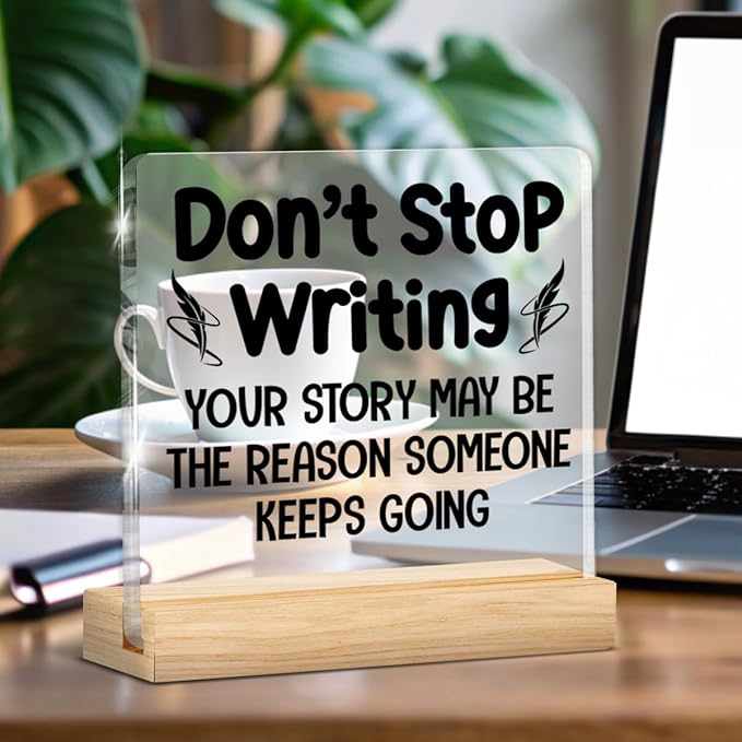 Writer Gifts for Women Men, Inspirational Gifts for Writers Authors Novelist, Acrylic Plaque Sign with Wooden Stand Home Office Decor