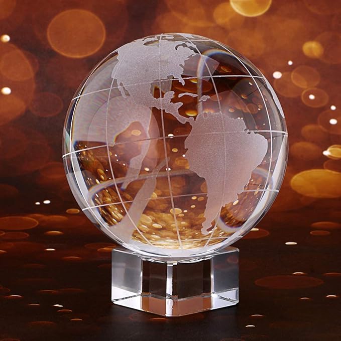 OwnMy 80mm World Globe Crystal Ball Glass Sphere Display Globe Paperweight Healing Meditation Ball with Clear Stand for Creative Gift