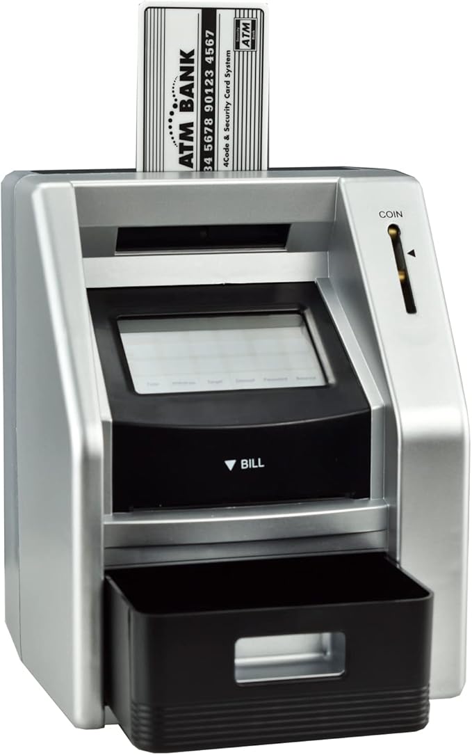 Touchscreen ATM Piggy Bank for Kids, Electronic Money Bank with Coin Counter, Card & Password, Backlit Display – Compact Savings Toy Gift for Boys & Girls Ages 6–12 (Black/Silver)