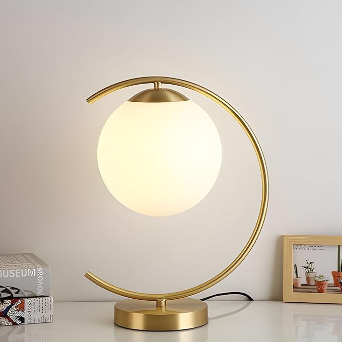 KCO Lighting Mid-Century Bedside Table Lamp Modern Glass Ball Desk Lamp Gold Reading Lamp Moon Shape Metal Table Light for Bedroom Living Room Office
