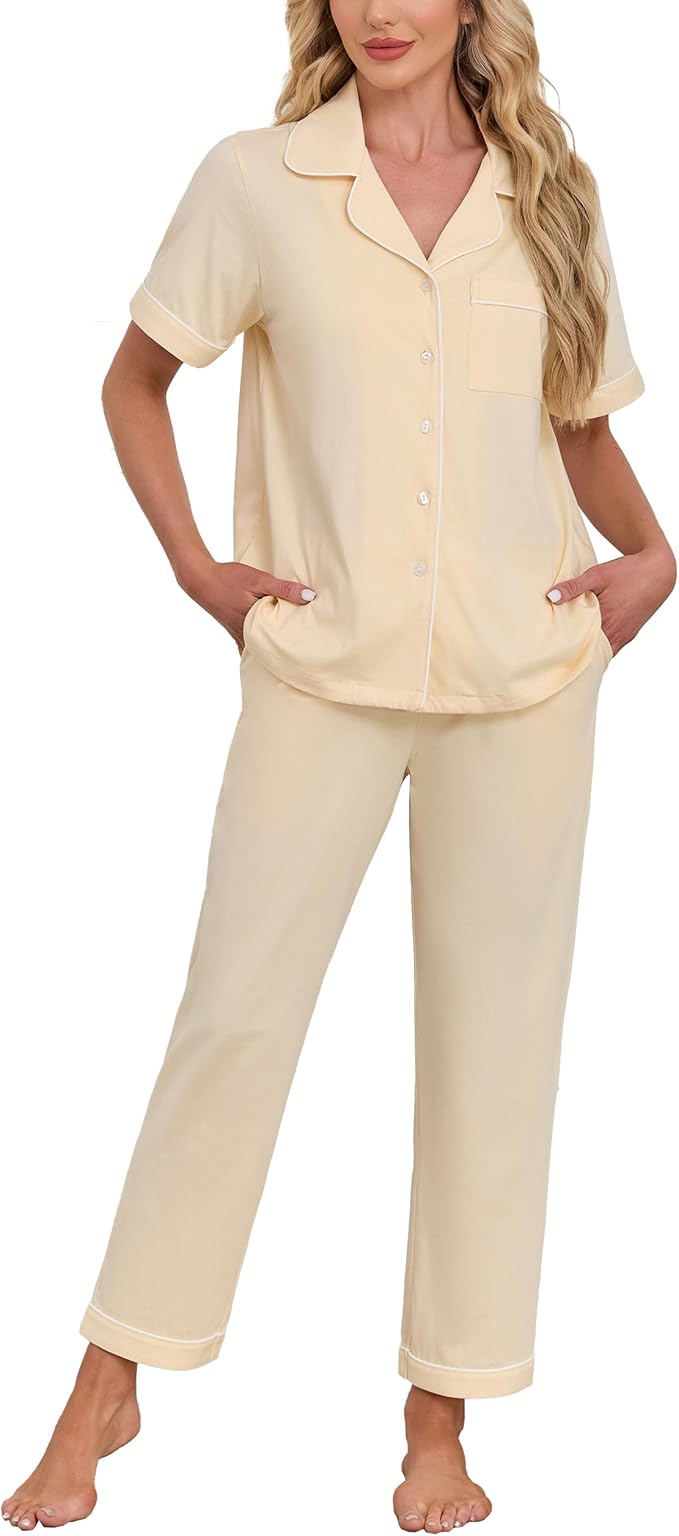 CF Womens 100% Cotton Pajamas Set Button Down Pjs Sets Short Sleeve Top & Long Pants Sleepwear Comfy Loungewear with Pockets