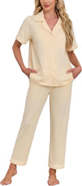 CF Womens 100% Cotton Pajamas Set Button Down Pjs Sets Short Sleeve Top & Long Pants Sleepwear Comfy Loungewear with Pockets