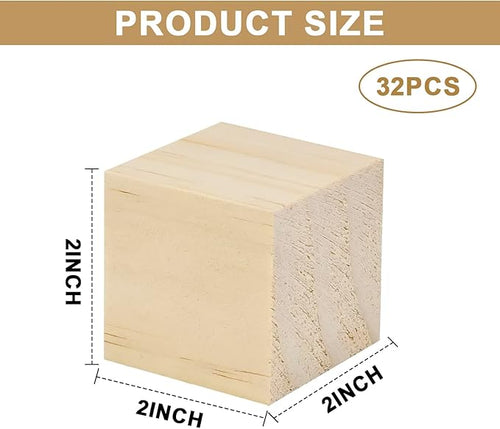 32 Pcs 2-Inch Unfinished Wooden Cubes - Natural Solid Wood Blocks for DIY Crafts, Geometric Art Puzzles, Letter Stamps & Building Kits